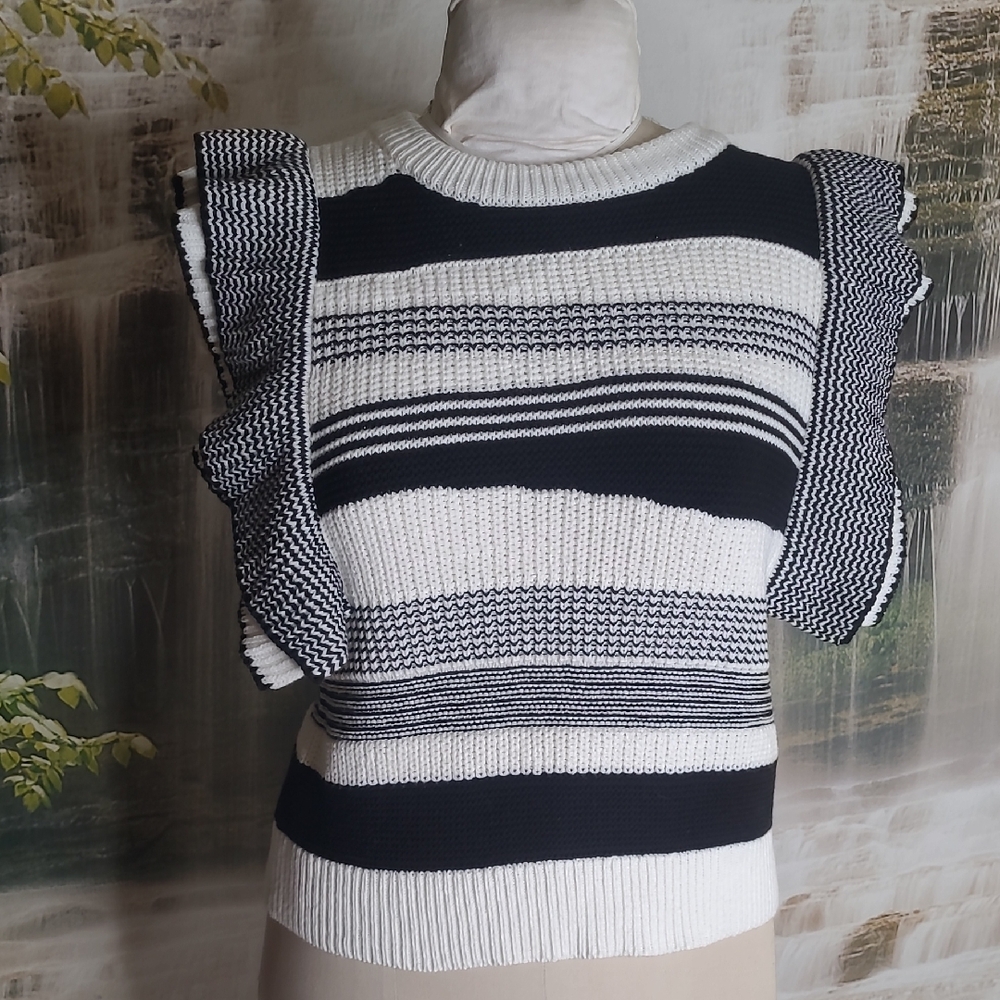 See and Be Seen Womens Small Black White Striped Knit Sweater Top Ruffle Sleeve